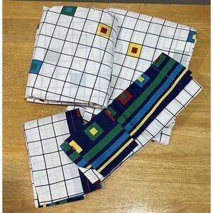 Vtg Thomason Queen Sheet Set Geometric Squares 80s Primary Colors